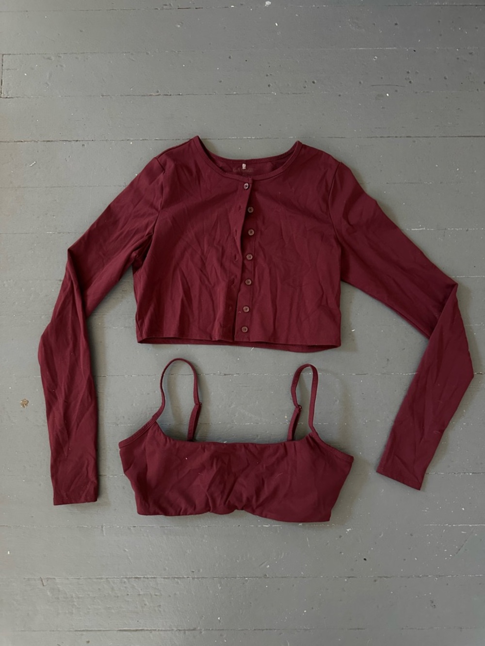 Garage Burgundy Long-Sleeve Crop Cardigan with Matching Bralette - Picture 5 of 5